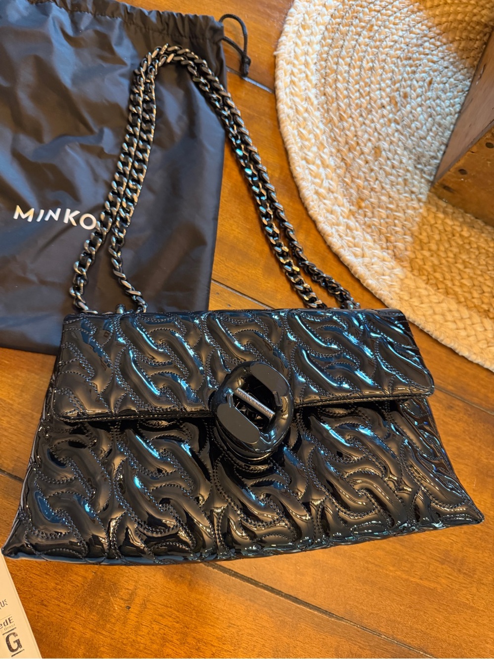MINKOFF Black Quilted Patent Leather Chain Shoulder Bag
